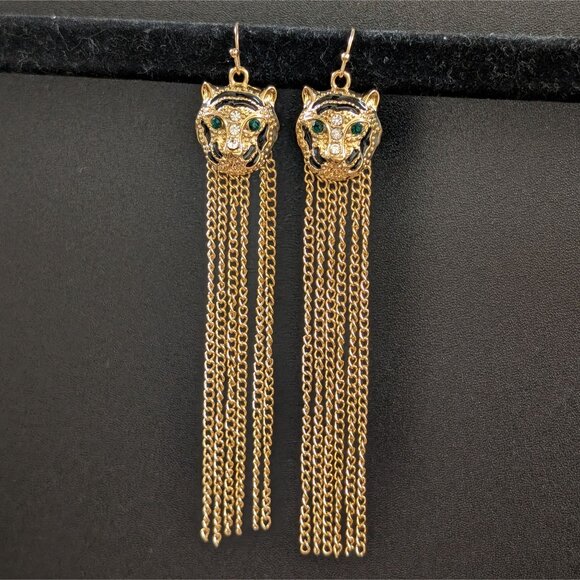 Vintage Jewelry - VTG Y2K Gold Tiger Dangle Earrings Bedazzled Fashion Metal Cleopatra Indie